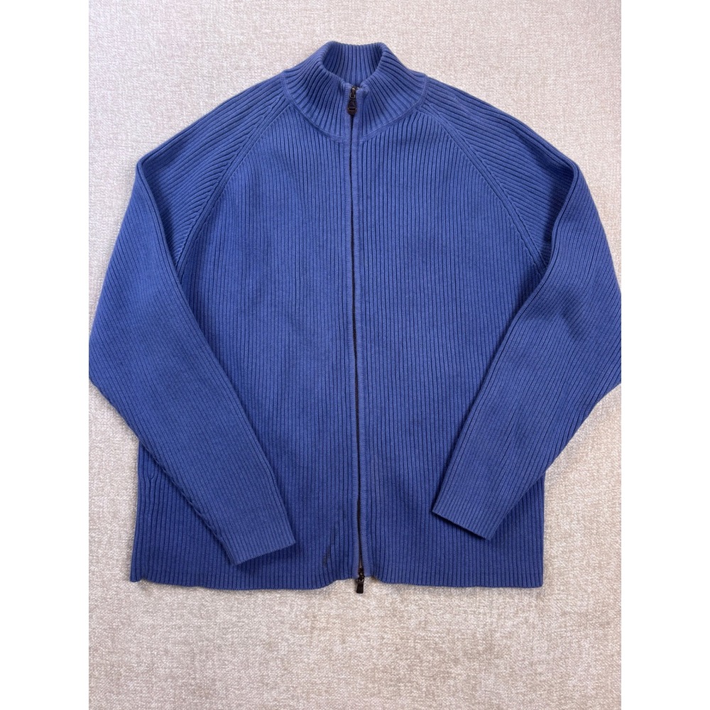 Tommy Bahama Mens XL Blue Ribbed Full Zip Cotton Wool Blend Cardigan Sweater